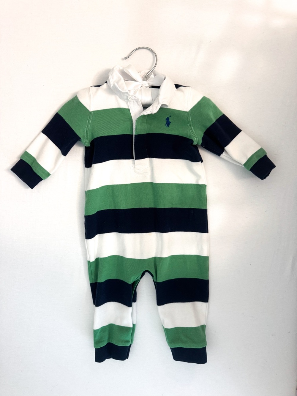 Ralph Lauren Green Navy White Striped Baby One-Piece